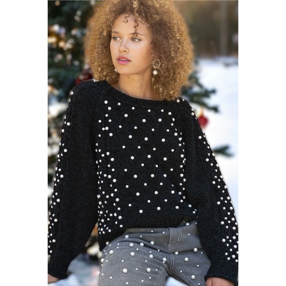 POL Pearl Beaded Black Velvet Chenille Sweater Relaxed Fit - Picture 13 of 13